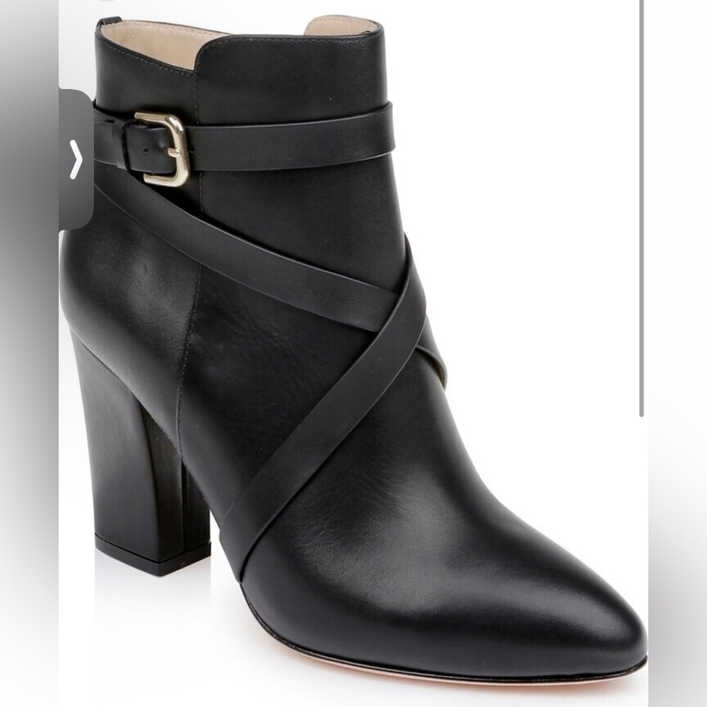 $600 L'AGENCE Francine Pointed Toe Block Heel moto Bootie Black Leather 9